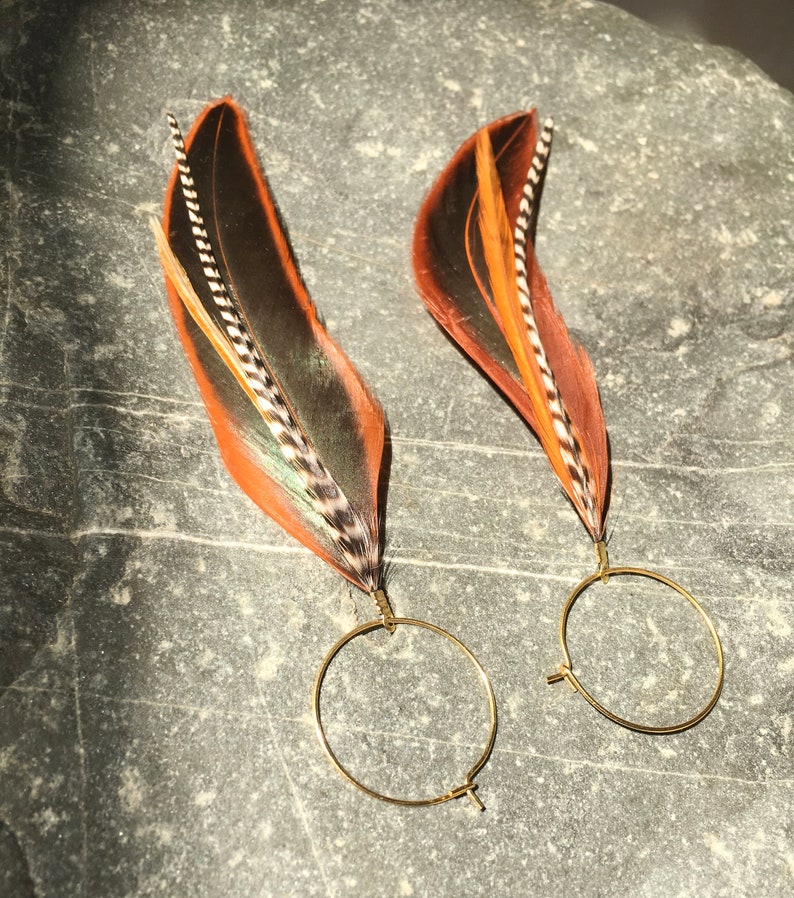 Feather earrings in natural warm colours, rooster, boho, feathers on hoops, hypoallergenic, white black stripes, statement, handmade, light image 8