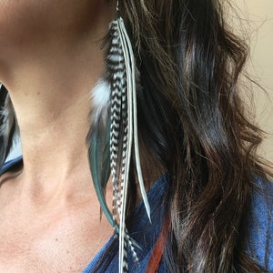 Feather drop earrings in natural black and white, boho, feathers, stripes, undyed, long, dangly, statement, hair, handmade, oak light, ooak