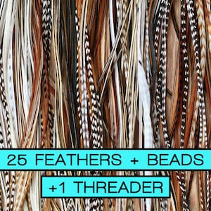 25 Feather Hair Extension DIY Kit with crimp beads, threader and instructions. Mix of natural colors, type: gallus domesticus.