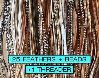 25 Feather Hair Extension DIY Kit with Beads, 1 Threader and Instructions. Surprise mix of natural colored 8"-12" feather extensions.