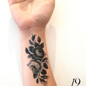 Vintage roses temporary tattoo in black, floral tattoos, rose, tats, vintage, tattoo test, gift, party favors, girls, women, teens, party image 3