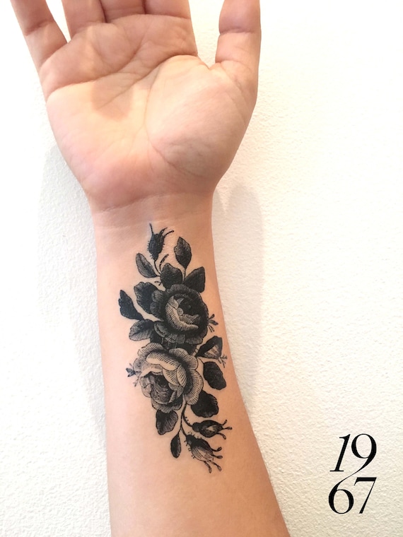 Vintage Roses Temporary Tattoo in Black Floral Tattoos Rose - Etsy Vintage Roses Temporary Tattoo in Black Floral Tattoos Rose - Etsy