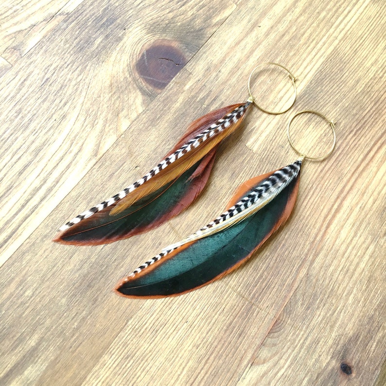 Feather earrings in natural warm colours, rooster, boho, feathers on hoops, hypoallergenic, white black stripes, statement, handmade, light image 1