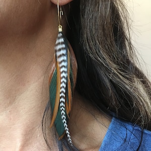 Feather earrings in natural warm colours, rooster, boho, feathers on hoops, hypoallergenic, white black stripes, statement, handmade, light image 4