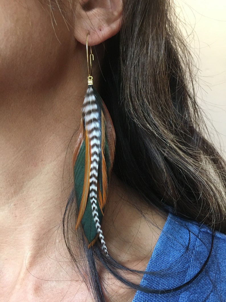 Feather earrings in natural warm colours, rooster, boho, feathers on hoops, hypoallergenic, white black stripes, statement, handmade, light image 4