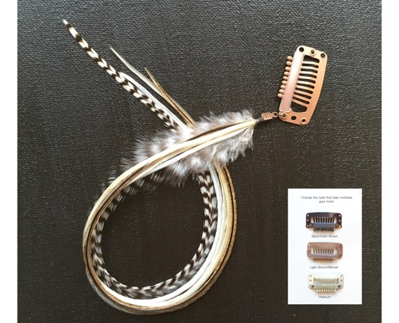 Grizzly Feather Hair Extension Clip: White, Cream & Golden