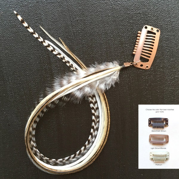 Extension de cheveux à clip en plumes gris, blanc, crème et doré + couleur de la pince au choix. Barrette, cheveux de festival, mélange naturel, plumes de cheveux