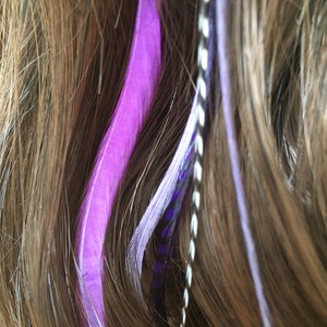 Feather hair extension clip in purple tones and grizzly, feathers, extensions, festival hair, lilac, kit, piece, weft, accessories, colour image 1