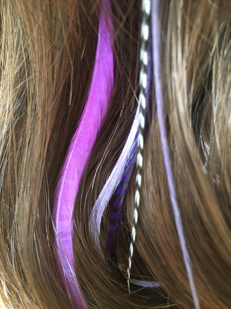 Feather hair extension clip in purple tones and grizzly, feathers, extensions, festival hair, lilac, kit, piece, weft, accessories, colour image 1