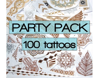 May include: A variety pack of 100 temporary tattoos in gold, silver, and brown colors. The tattoos feature a variety of designs, including geometric patterns, mandalas, and hand-drawn illustrations. The pack is labeled "Party Pack 100 tattoos".