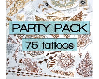 Grab bag of gold, silver metallic tattoos with color highlights, party favors, favours, flash, stick on, gifts teenager, loot, bachelorette