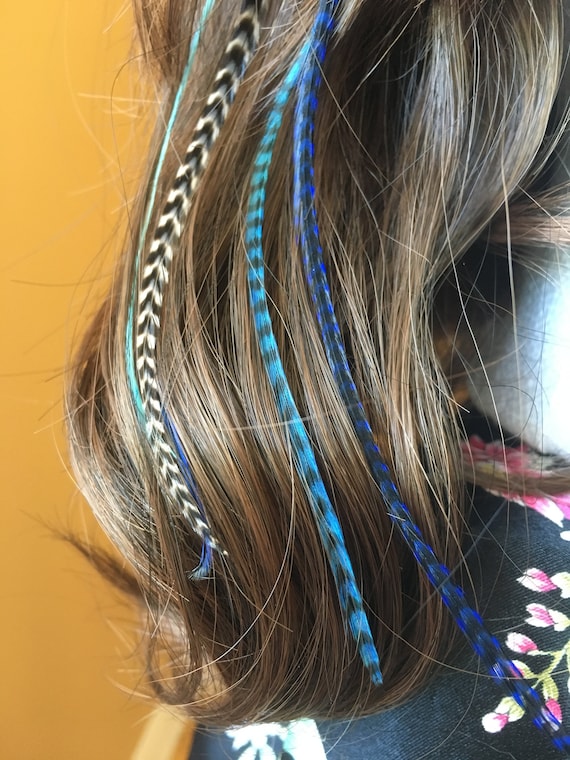 Feather Hair Extension Clip in Blue, Turquoise, Pale Blue and Grizzly, Choice of Clip Color. Hair Clip, Festival Hair, Blue, Hair Feathers