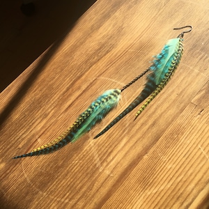 Single long feather earring, turquoise, green and yellow, hypoallergenic, boho, handmade cascading thin feathers, statement earrings, long