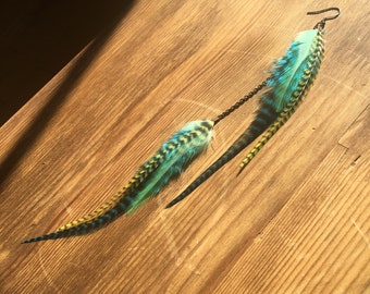 Single long feather earring, turquoise, green and yellow, hypoallergenic, boho, handmade cascading thin feathers, statement earrings, long