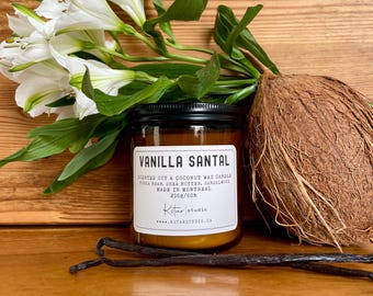 Vanilla Sandalwood Crackling Wood Wick Candle: Clean Burning Soy and Coconut Wax.