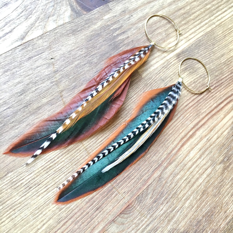 Feather earrings in natural warm colours, rooster, boho, feathers on hoops, hypoallergenic, white black stripes, statement, handmade, light image 6