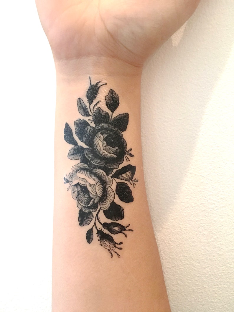 Vintage roses temporary tattoo in black, floral tattoos, rose, tats, vintage, tattoo test, gift, party favors, girls, women, teens, party image 1