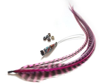 Pink feather hair extension diy kit. Fuschia hair feathers, extensions. Includes threader and crimp beads. Grizzly, long, longest statement