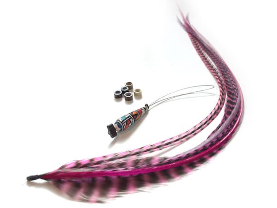 Pink Feather Hair Extension DIY Kit. Fuschia Hair Feathers, Extensions. Includes Threader and Crimp Beads. Grizzly, Long, Longest Statement