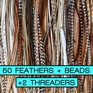 50 feather hair extensions kit including beads, 2 threaders and instructions. Mix of natural colored feather extensions. Gallus domesticus.