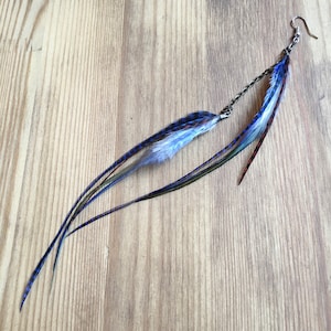 Single long feather earring, hypoallergenic, blue/violet/brown/seafoam cascade natural real drops, boho, unique statement thin asymmetrical