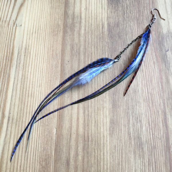 Single long feather earring, hypoallergenic, blue/violet/brown/seafoam cascade natural real drops, boho, unique statement thin asymmetrical