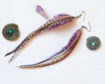 Natural and purple feather earrings w/ hypoallergenic earring hooks. Handmade in America. Unique, one of a kind statement earrings, bohemian