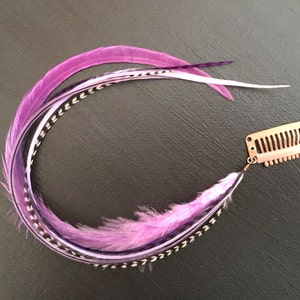 Feather hair extension clip in purple tones and grizzly, feathers, extensions, festival hair, lilac, kit, piece, weft, accessories, colour image 3