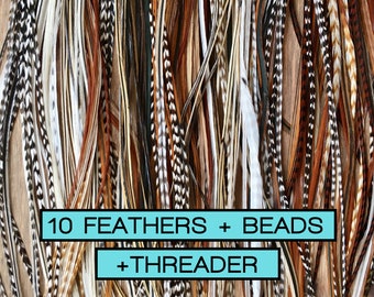 10 Premium Feather Extension Kit with crimp beads + threader + instructions. Surprise mix of natural colored 8"-12" feather hair extensions.