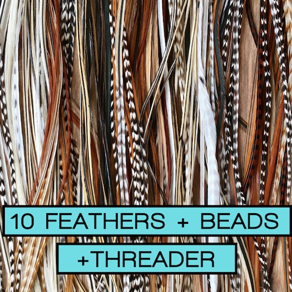 10 Premium Feather Extension Kit with crimp beads + threader + instructions. Surprise mix of natural colored 8"-12" feather hair extensions.