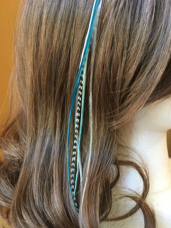 Feather Hair Extension Kit: 5 Natural Bonded Thin, Wispy Rooster Feathers with 3 Hair Crimps and Hair Threader. Natural and Blue Colors.