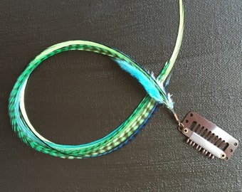 May include: Green, blue, and white feather hair extension with a clip. The extension is about 18 inches long.
