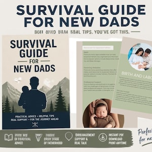 May include: A digital download titled "Survival Guide for New Dads." The guide features practical advice, helpful tips, and real support. The cover shows a silhouette of a father holding a baby, with mountains in the background. Includes a mug that says "Best Dad in Training."