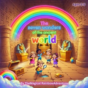 May include: A colorful illustration of a children's book cover titled "The seven wonders of the ancient world." The image features a rainbow, cartoon children, and ancient Egyptian elements. The text "Ages 3-6" is visible. The book is by TheMagical RainbowAdventure.