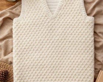 Chaleco de crochet hecho a mano, suéter de punto sin mangas, chaleco con cuello en V, capa acogedora para el invierno, top de crochet texturizado