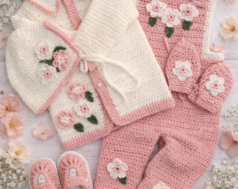 Ensemble fait main pour nouveau-né au crochet, appliqué floral, barboteuse, bonnet, chaussons, mitaines, cadeau de baby shower