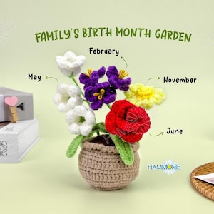 May include: A crocheted flower arrangement in a woven pot. The arrangement includes white, purple, red, and yellow flowers, with green stems and leaves. Text reads "Family's Birth Month Garden" and labels the flowers with months.