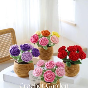 Crochet Rose Pot Decor, Handmade Amigurumi Potted Flowers, Everlasting Crochet Garden for Home and Office, Unique Gift for Her