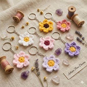 May include: A collection of handmade crochet flower keychains in various colors, including yellow, pink, white, and purple. Each keychain features a silver ring and chain. The keychains are arranged with amethyst crystals, dried flowers, and spools of thread.