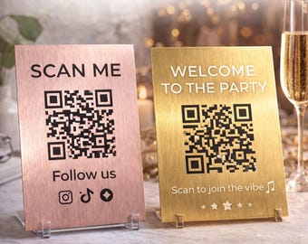 Personalisiertes A4-Aluminiumschild mit QR-Code – Roségold/Gold – Scannen Sie mich – Soziale Medien, Google-Rezensionen, Veranstaltungen, Speisekarten