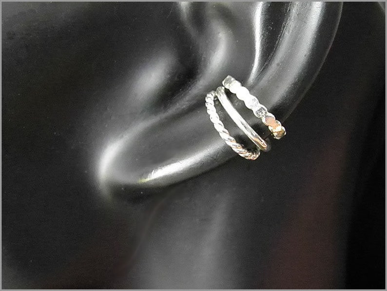 ear cuff silver hammered twisted dots smooth beads sterling no piercing gifts image 1