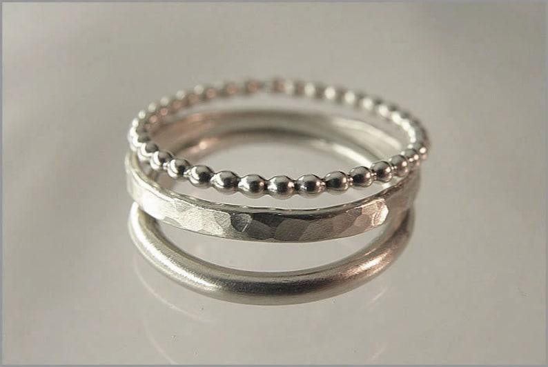 stacking rings 925 Set of 3 Sterling Silver bead hammered women stacking image 2