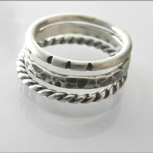 Ringset aus geschwärztem 925er Sterling Silber, Stapelringe Vorsteckringe Zusteckringe für Damen