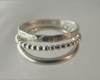 stacking rings 925 Set of 3 Sterling Silver bead hammered women stacking