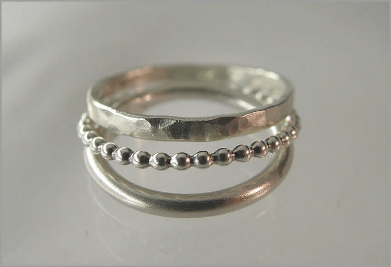 stacking rings 925 Set of 3 Sterling Silver bead hammered women stacking image 1