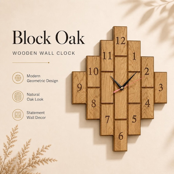 Geometric Oak Wall Clock, Modern Wood Design (350x470mm)