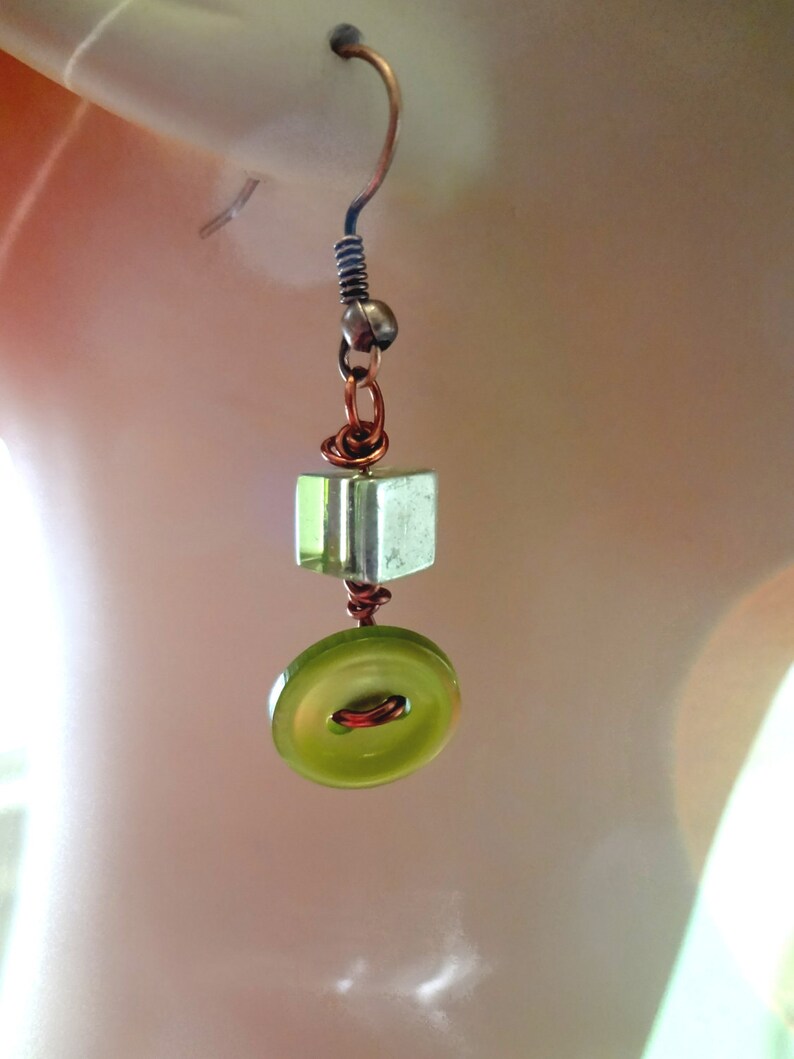 Olive Green and Copper Button Earrings Repurposed Buttons Etsy