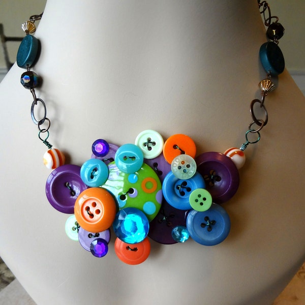 Mardi Gras Button Necklace  Party Necklace Repurposed Buttons Button Jewelry T718