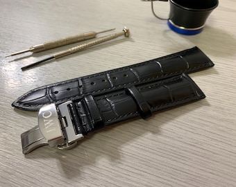 18mm/19mm/20mm IWC Black Leather Men’s Wrist Watch Strap Band With Stainless Steel Deployment Buckle Clasp Solid