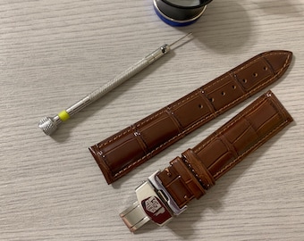 Correa de reloj Tag Heuer de piel marrón para hombre de 18 mm/19 mm/20 mm con cierre de hebilla desplegable de acero inoxidable macizo.